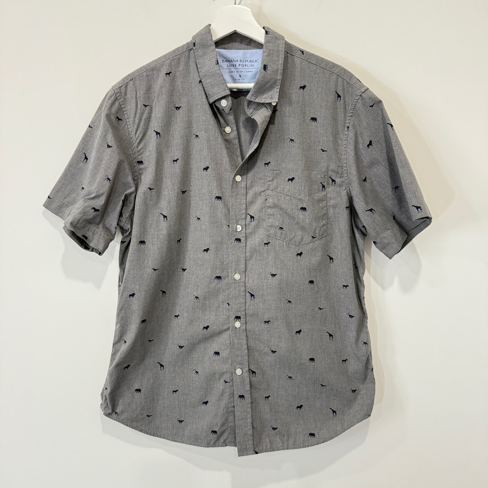Banana Republic Luxe Poplin Slim Fit Casual Shirt Gray Safari Patterned Size L